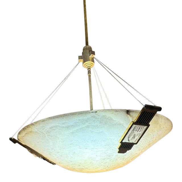 1960s Large Art Deco Alabaster Dome Pendant Chandelier Glass Figures For Sale