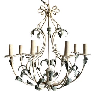Vintage Late 20th Century Italian Green Acanthus Leaves 8 Light Tole Chandelier For Sale