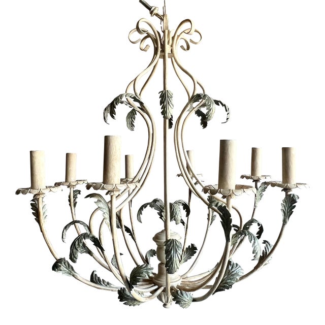 Vintage Late 20th Century Italian Green Acanthus Leaves 8 Light Tole Chandelier For Sale