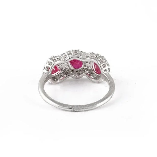 Three Stone Real Ruby Engagement Ring in 18k Solid White Gold With Diamonds Size 7 For Sale - Image 9 of 15