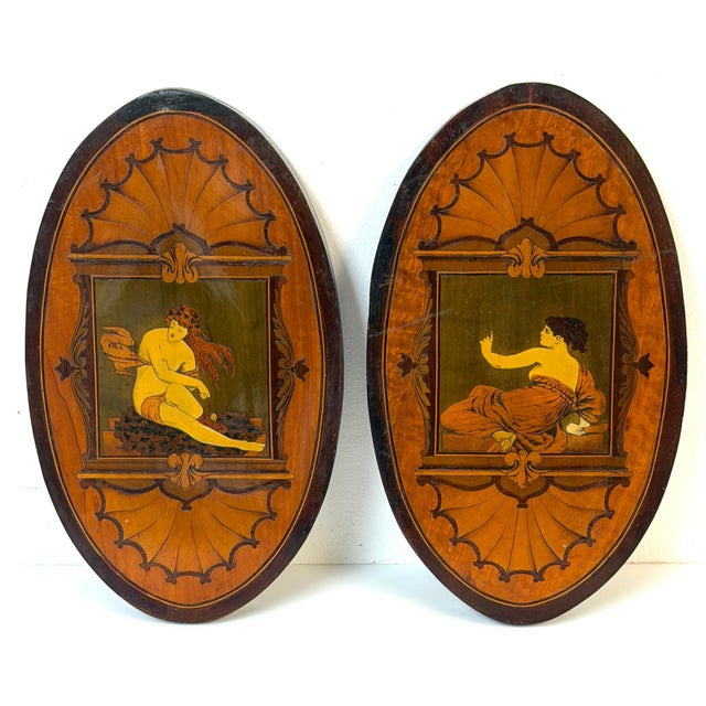 Traditional Pair 19th C. English Aesthetic Movement /Pre-Raphaelite Marquetry Muse Plaques For Sale - Image 3 of 17