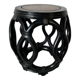 Vintage Chinese Black Ebonized and Burl Wood Top Drum Shape Stool / Side Table For Sale