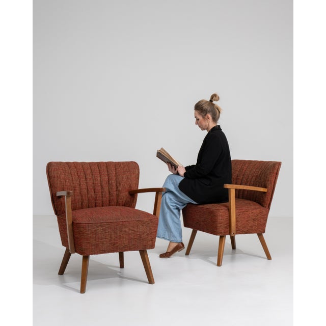 Burnt Orange Pair Of Mid Century Modern Upholstered Armchairs For Sale - Image 8 of 14