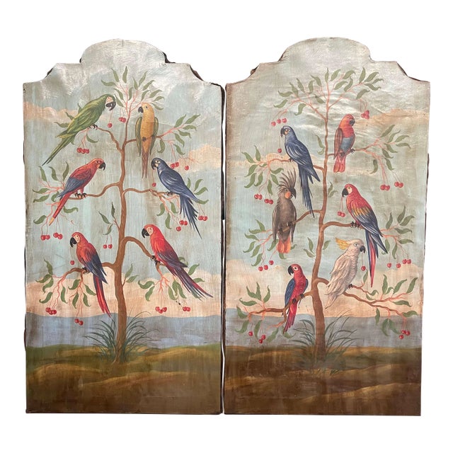 Pair of Mid-Century Italian Hand Painted Tropical Bird Panels on Canvas For Sale