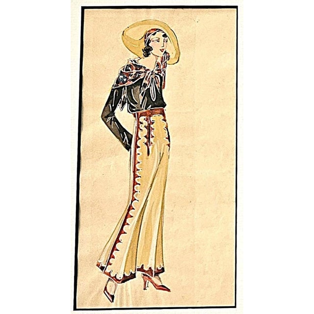 This is a set of 2 French 1933 Art Deco fashion drawings that feature the American West "cowgirl". They are unusually...