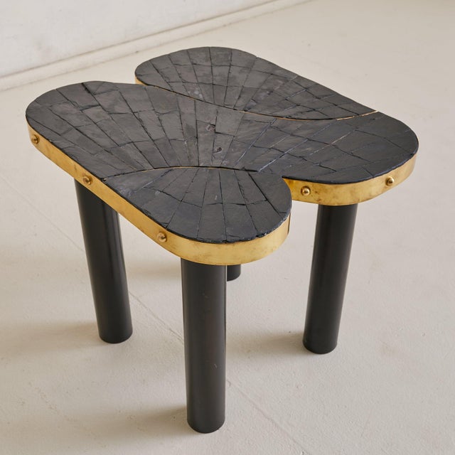 Metal Vintage French Slate + Brass Side Table Signed MARLO For Sale - Image 7 of 10