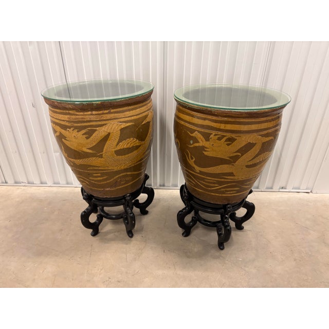 Exceptional Pair Monumental Chinese Dragon Jardinieres Celadon Glaze Chinoiserie Egg Art Pottery Urns With Stand and Glass Top, a Pair For Sale - Image 11 of 12