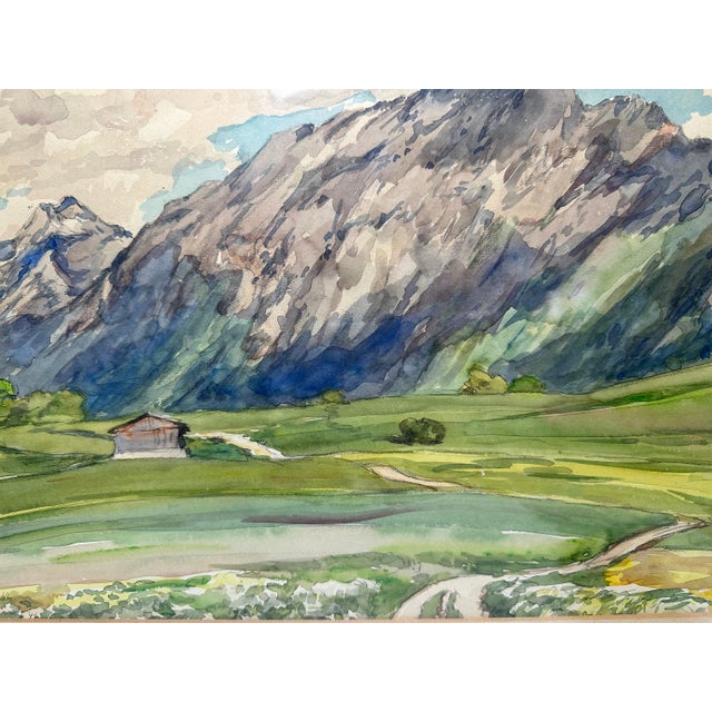 Art Deco Fritz Wucherer Swiss Alps Watercolor Painting, Framed Cabin Landscape, 1941 For Sale - Image 3 of 10