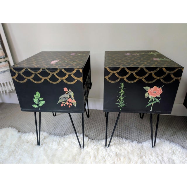 Moody Botanical Functional Art | Vintage Nightstand Pair | Hand-Decorated | Resin Top | Hairpin Legs For Sale - Image 4 of 11