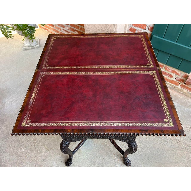 Antique Foyer Hall Table British Colonial Carved Wood Leather Flip Top Burmese For Sale - Image 10 of 12