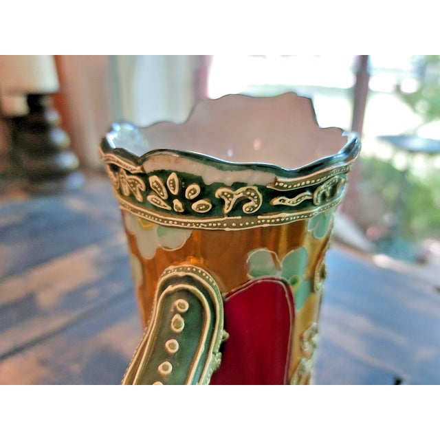Vintage Nippon Hand Painted Raised Moriage Pitcher Vase Art Nouveau Style For Sale In Wichita - Image 6 of 9