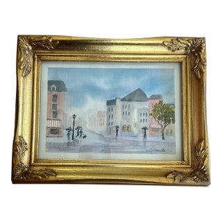 “Rainy Day Stroll” Framed Original Watercolor Painting by Nancy Smith For Sale