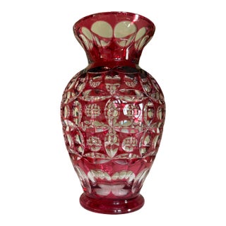 Vintage Bohemian Ruby Red Cut-to-Clear Crystal Vase For Sale