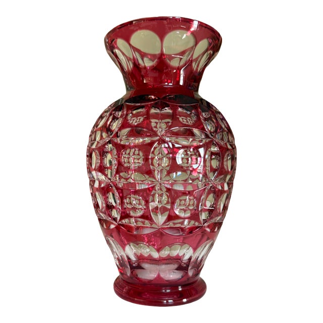 Vintage Bohemian Ruby Red Cut-to-Clear Crystal Vase For Sale