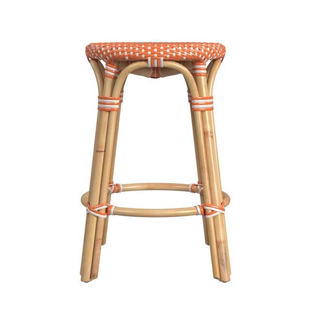 Spritely Home Accent Furniture Tobias 24 in. Seat Height Round Rattan Backless Counter Stool, Orange/White Dot/ Natural Rattan Frame For Sale - Image 4 of 7