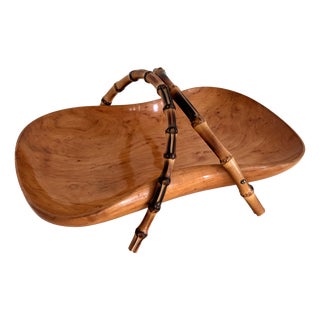 Mid-Century Italian Nutwood and Bamboo Basket, 1970s For Sale