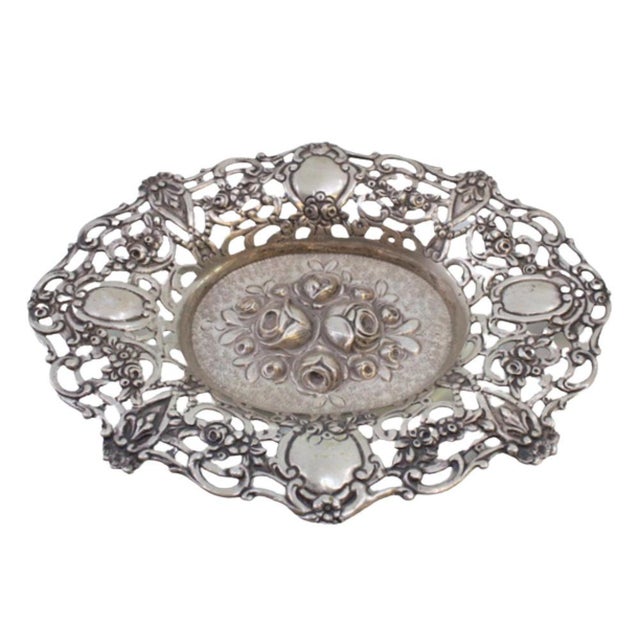 Metal Silver Bowl with Central Bouquet of Roses and Floral Motifs For Sale - Image 7 of 7