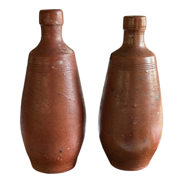 A Rangel Portuguese Stoneware Bottles (Pair). Handmade Rustic Ceramic Vases. Wheel Thrown. 1970 Probably Used for Olive Oil. For Sale