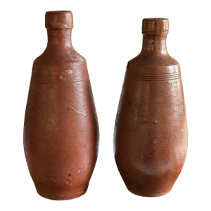A Rangel Portuguese Stoneware Bottles (Pair). Handmade Rustic Ceramic Vases. Wheel Thrown. 1970 Probably Used for Olive Oil.
