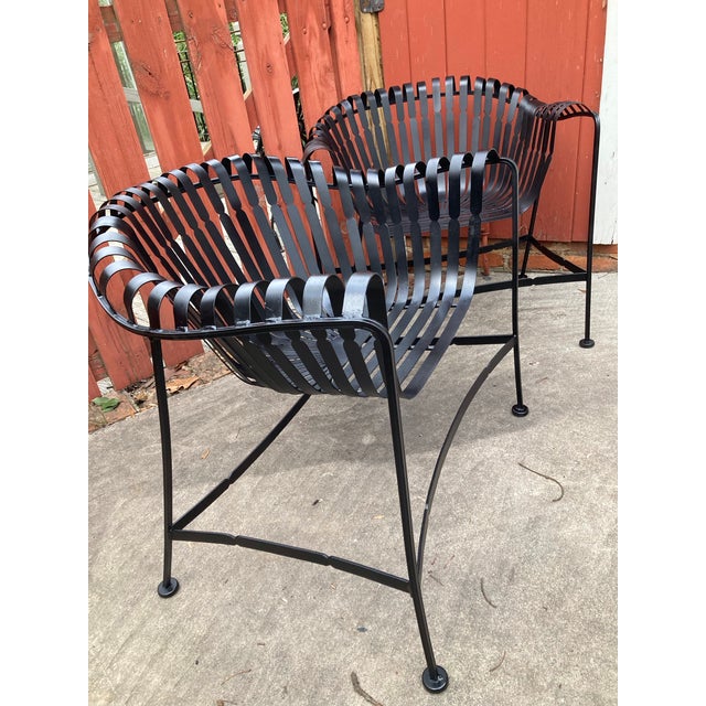 Gorgeous MCM time-capsule painted wrought iron, garden patio dining set with round, sunburst table and four strap iron...