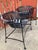 Gorgeous MCM time-capsule painted wrought iron, garden patio dining set with round, sunburst table and four strap iron...