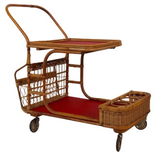 Mid-Century Bar Wagon in Wicker with Red Shelves, 1950s For Sale