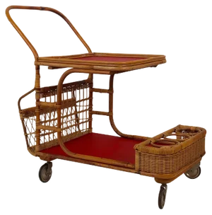 Mid-Century Bar Wagon in Wicker with Red Shelves, 1950s