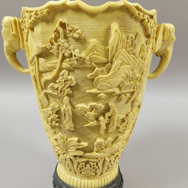 Ivory Hollywood Regency Chinoiserie Carved Italian Faux Ivory Vase With Elephant Handles For Sale - Image 8 of 10