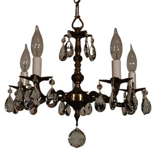 Antique French Brass 5 Arm 5 Lite Jolliest Cut Lead Crystal Chandelier For Sale