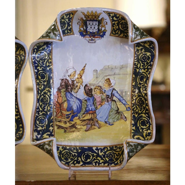 Late 19th Century Pair 19th C. French Quimper Porquier-Beau Faience Wall Platters With Figures For Sale - Image 5 of 12
