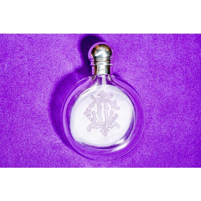 Wonderful Antique Round Crystal Victorian Perfume Flask With Sterling Silver Cap Monogram JLC Home Decor Collectible For Sale - Image 11 of 13