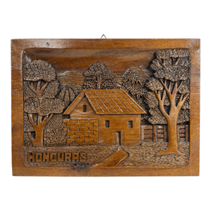 Vintage Honduran Hand-Carved Wood Village Relief Wall Sculpture Plaque Folk Art