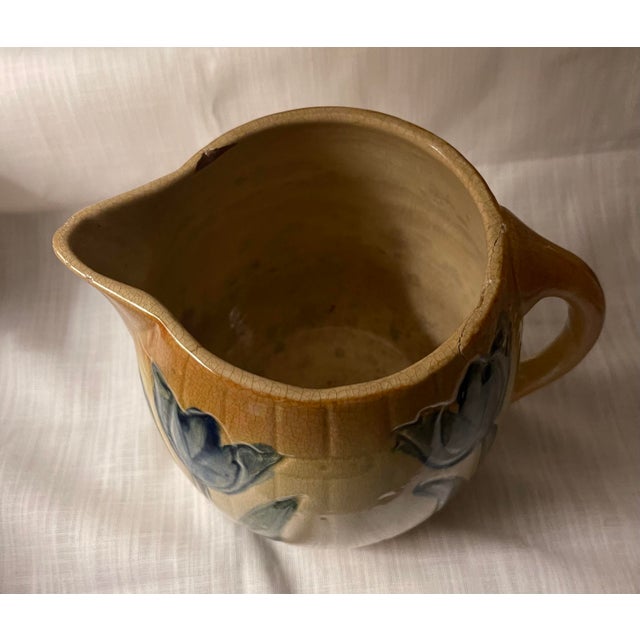 Blue Antique 1910s Attributed to Roseville Early Ware Art Pottery Ceramic Pitcher W/ Blue Tulips For Sale - Image 8 of 11