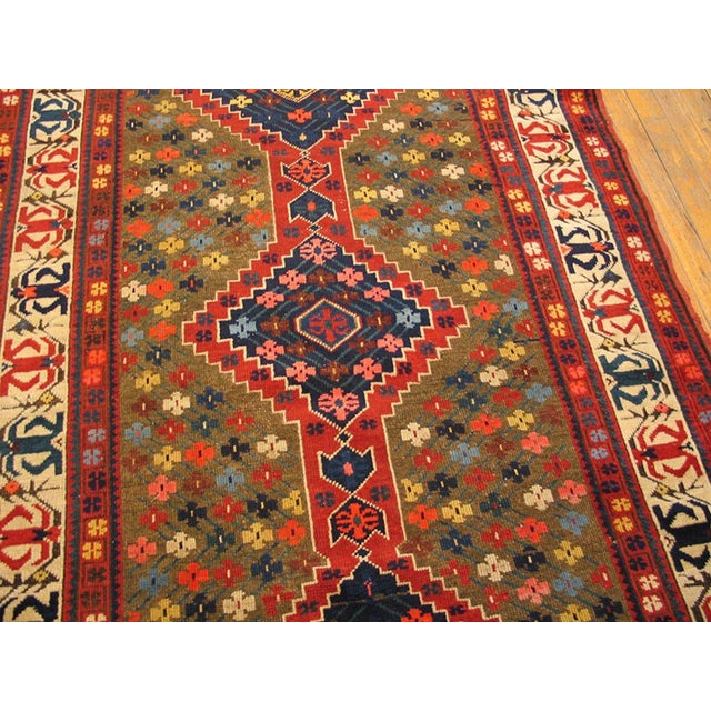 19th Century 1890s Green Olive Geometric Tribal Antique S. Caucasian Rug 4' X 9'6" Handknotted Wool Carpet For Sale - Image 5 of 6