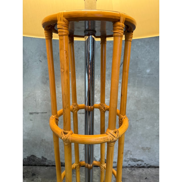 Contemporary Vintage Bamboo Rattan Floor Lamp Chrome Cage Column Organic Modern Boho For Sale - Image 3 of 8