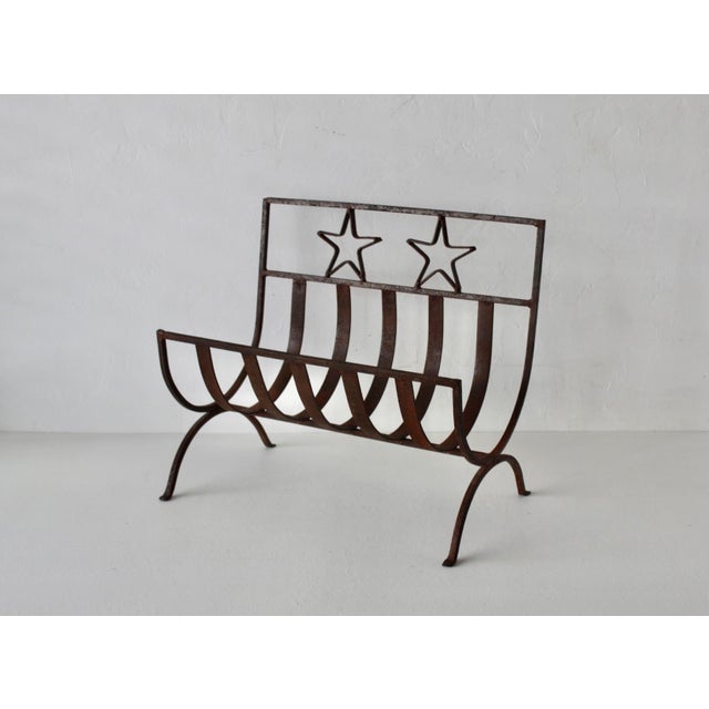 Rustic Western Style Wrought Iron Fireplace Log Holder Open Stars Cutouts Detail Vintage For Sale - Image 12 of 13