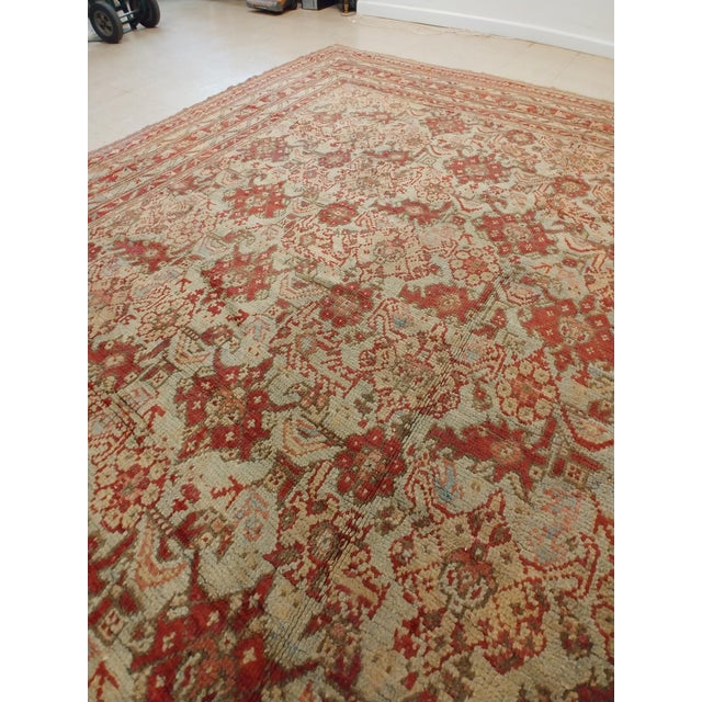 Textile Antique Oushak Carpet, Handmade Oriental Rug, Pale Light Blue, Coral, Raspberry For Sale - Image 7 of 15