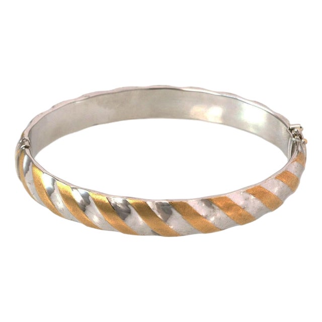 Mid 20th Century 14k Two Tone Gold 9.5mm Wide Oval Hinged Bangle Bracelet Italy For Sale