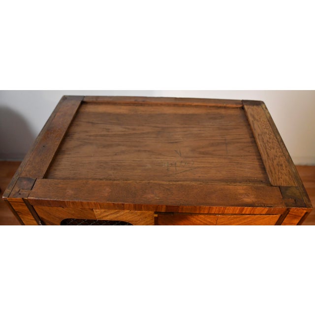 1900s Antique French Louis XVI Walnut Satinwood Inlay & Marble Top Cabinet For Sale - Image 12 of 12