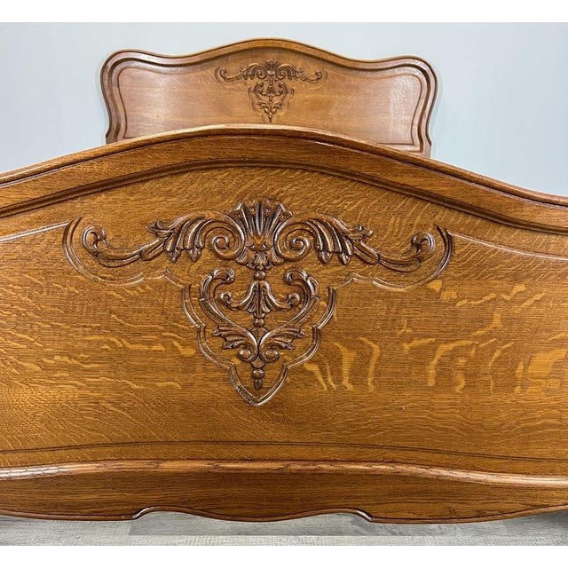 Vintage French Louis XVI Style Double Bed Frame in Oak with Carved Headboard For Sale - Image 3 of 10