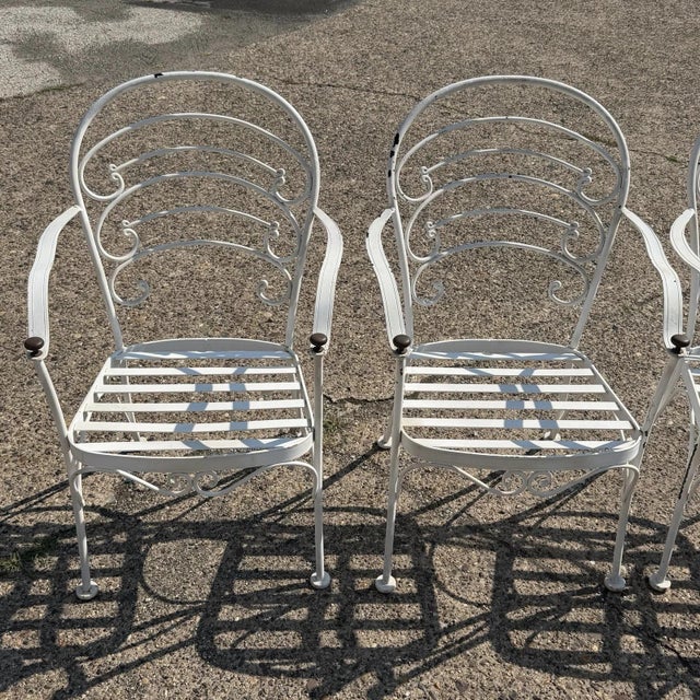 Modern Late 20th Century Wrought Iron Scrolling Patio Dining Arm Chairs by Crown Leisure - Set of 4 For Sale - Image 3 of 18