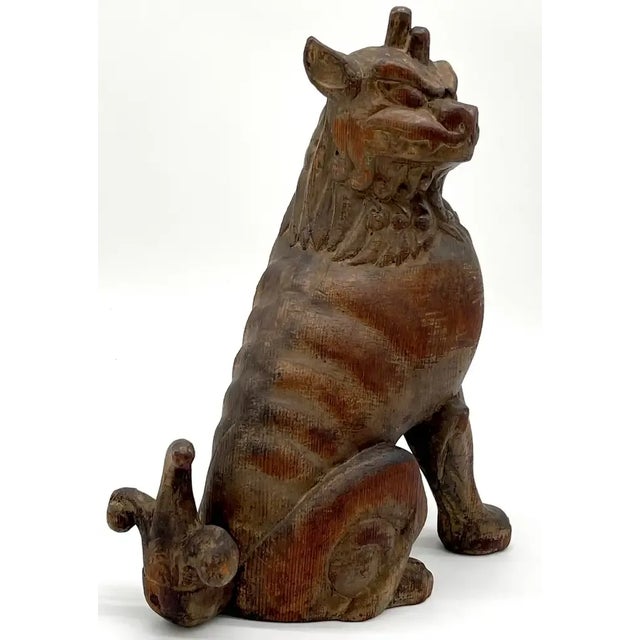 19th C. Tibetan Carved Wood & Polychromed Foo/ Guardian /Temple Dogs - a Pair For Sale - Image 11 of 12