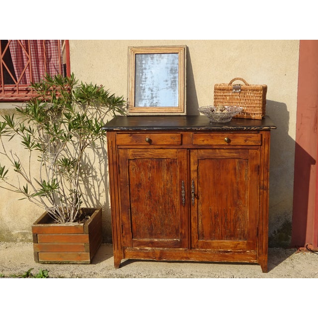 Very old Parisian sideboard, all solid wood, simple and straight, oak color. 2 cm thick pine top. Two drawers with solid...