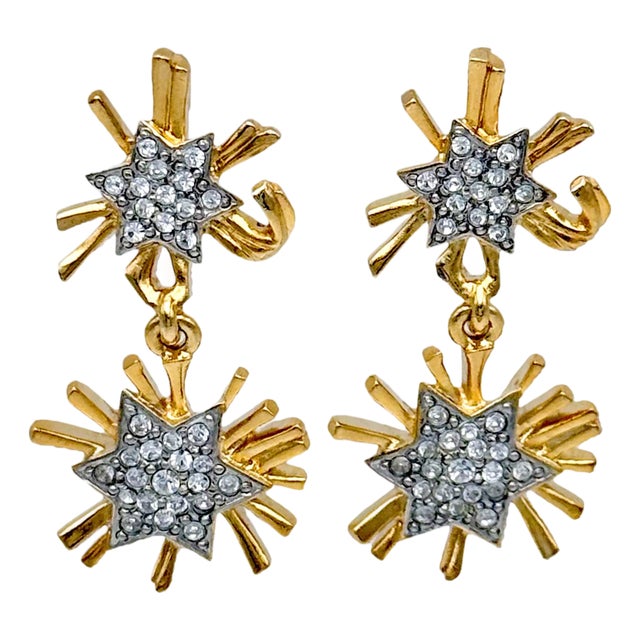 Kenneth Jay Lane Designer Gold Swarovski Crystal Starburst Drop Post Earrings, A Pair For Sale