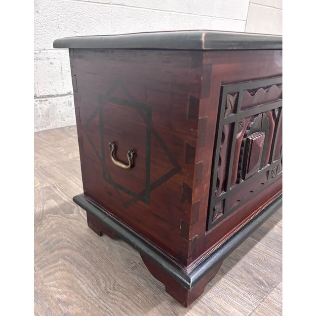 Antique Indian Rajasthani Geometric Carved Solid Hardwood Bridal Dowry Chest For Sale In Kansas City - Image 6 of 12