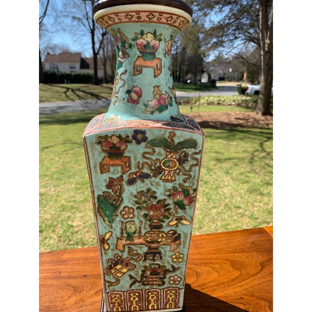 Chinese Chinese Famille Rose Antique Square Turquoise Porcelain Vase Lamp For Sale - Image 3 of 9