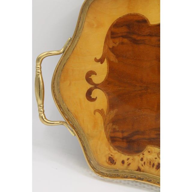 Mid Century Italian Marquetry Wooden Tray With Brass Handles For Sale In Tulsa - Image 6 of 9