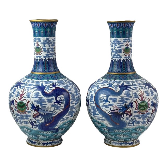Monumental Pair of Chinese Cloisonne Enamel Blue and White Dragons Vases For Sale