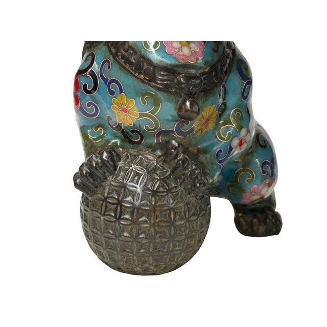 Pair Vintage Enamel Cloisonne Fengshui Foo Dog Lions Display Figure For Sale - Image 11 of 16