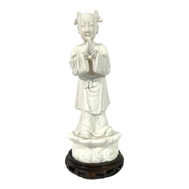 Vintage White Blanc De Chine Porcelain Figurine of a Young Chinese Girl on Carved Wood Stand For Sale
